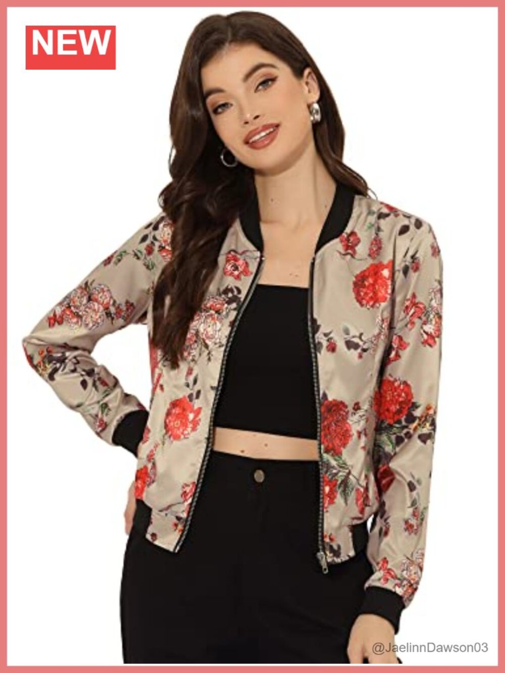 Women's Satin Bomber Jacket Floral Long Sleeve Zip Up Coat with Pockets